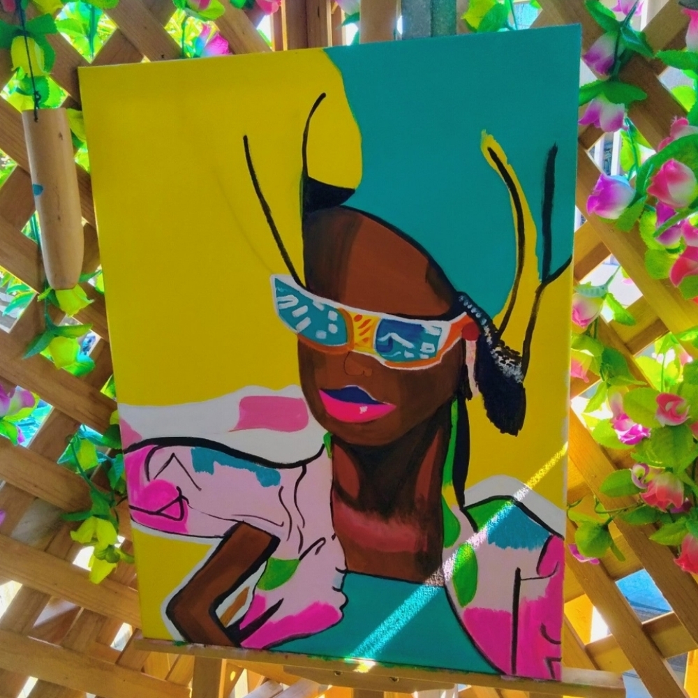 Acrylic Painting on Canvas Beautiful Black Women yellow pink blue